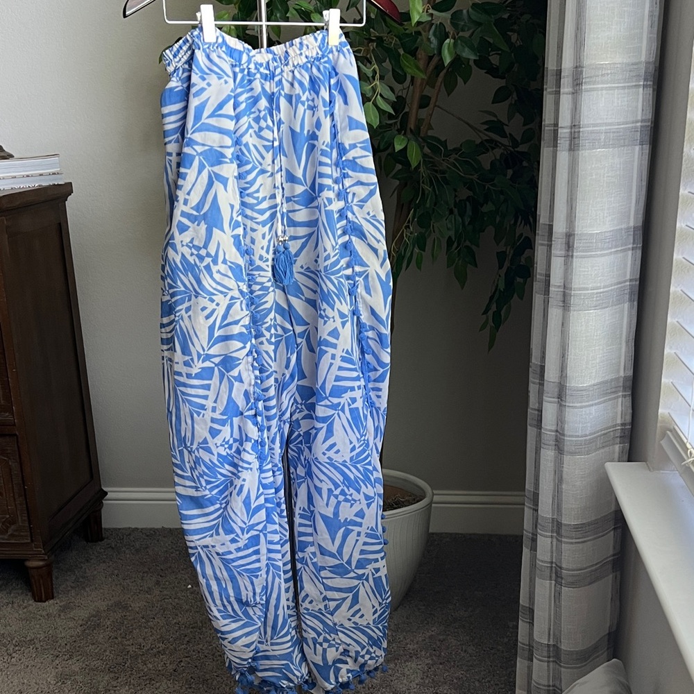 Blue and White Leaf Print Swim Coverup Pants